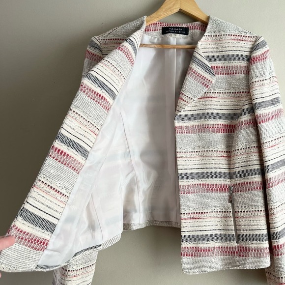 NWT Tahari ASL Open Front Striped Tweed Blazer Jacket in Cream, Size 14 - Picture 8 of 12